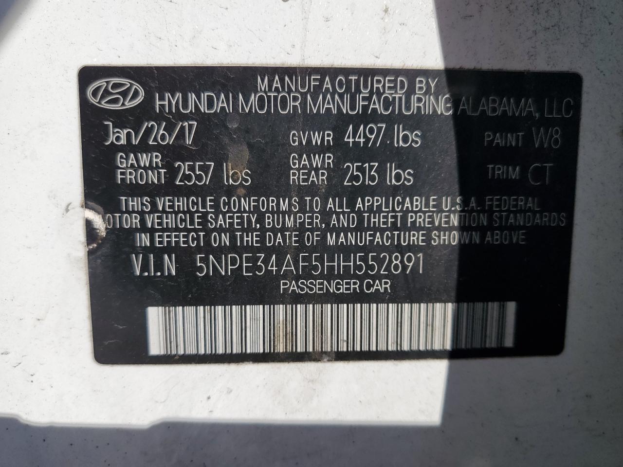 VIN 5NPE34AF5HH552891 2017 HYUNDAI SONATA no.12