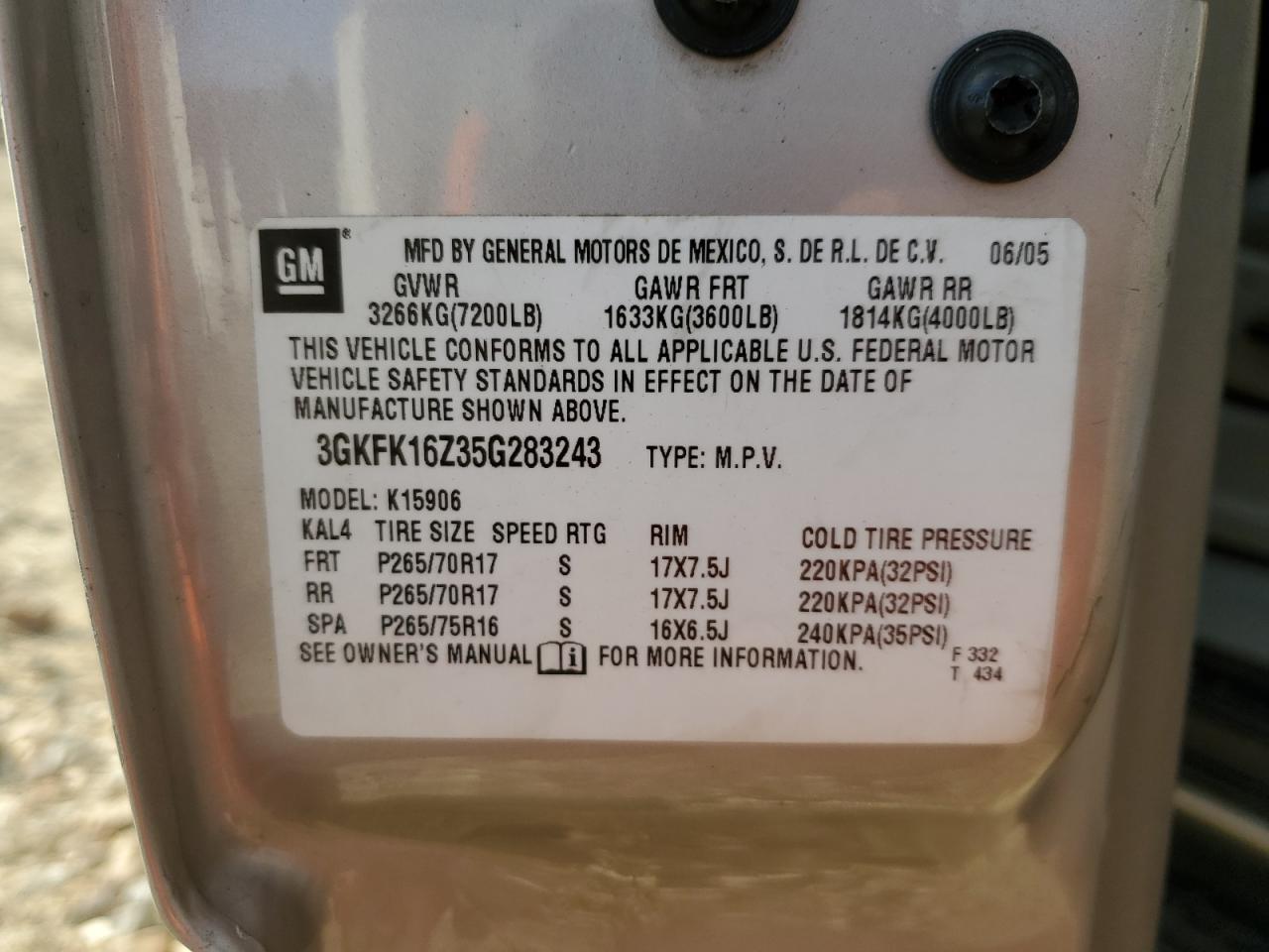 2005 GMC Yukon Xl K1500 VIN: 3GKFK16Z35G283243 Lot: 76027724