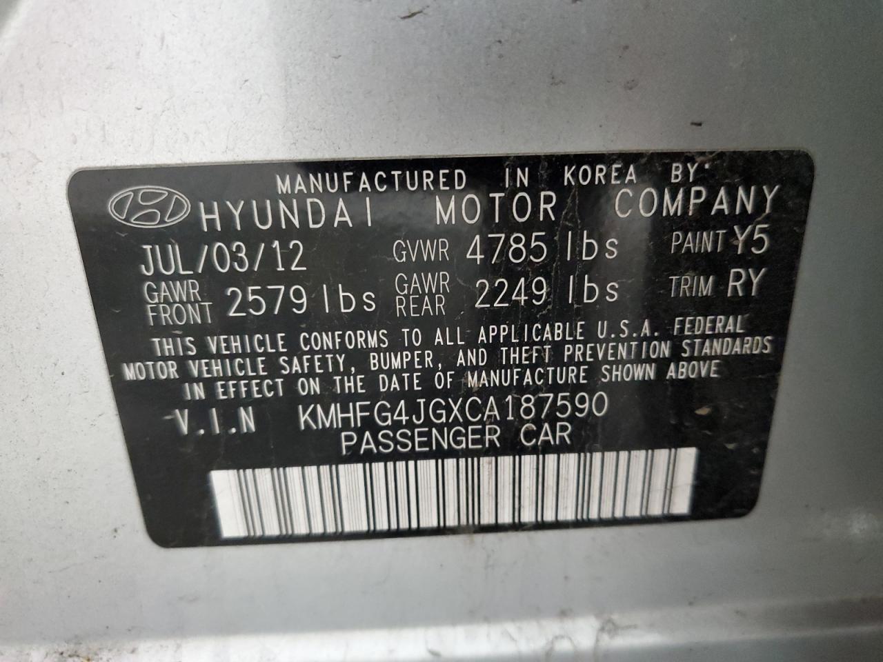 2012 Hyundai Azera Gls VIN: KMHFG4JGXCA187590 Lot: 76209704