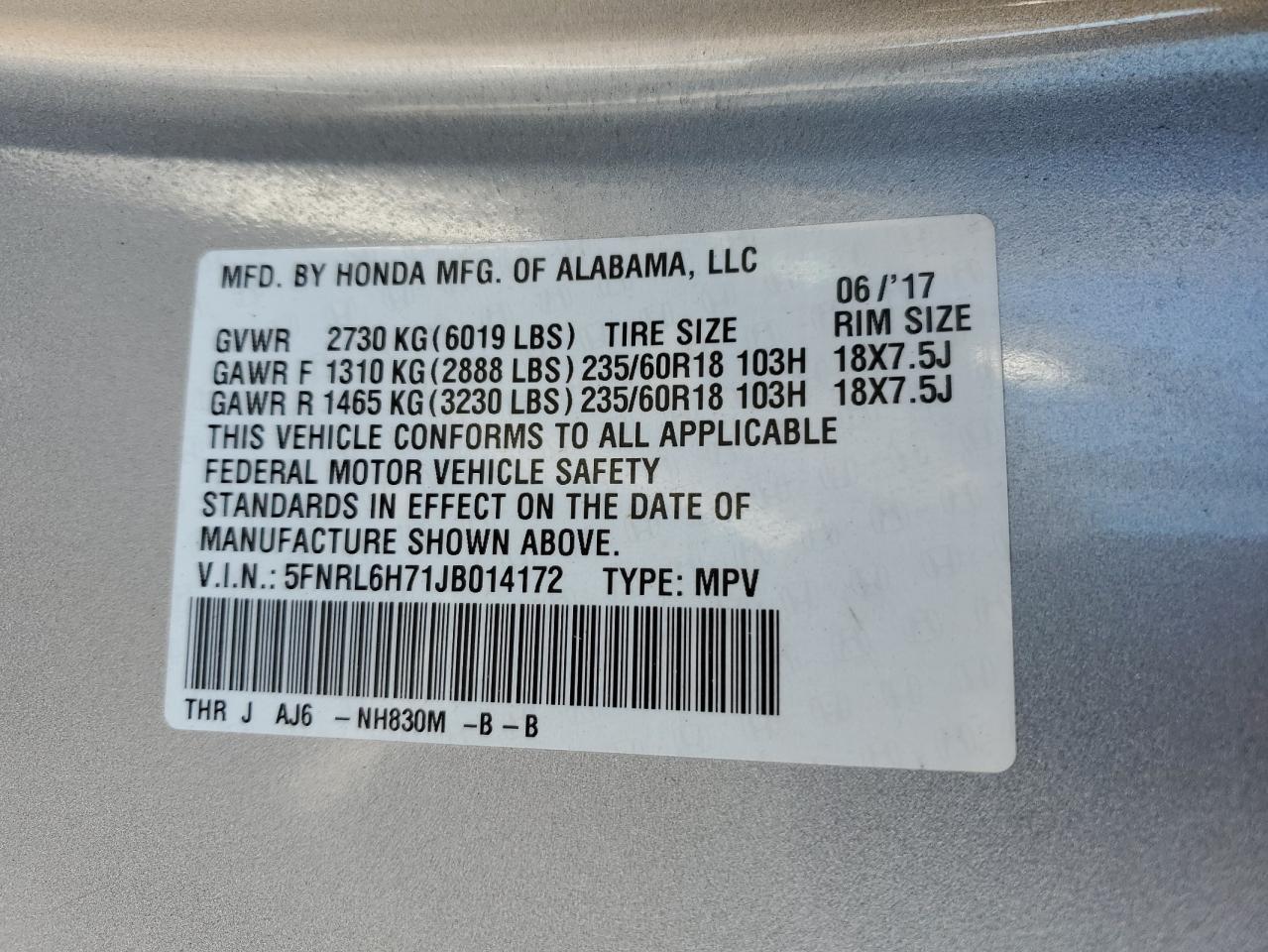 5FNRL6H71JB014172 2018 Honda Odyssey Exl