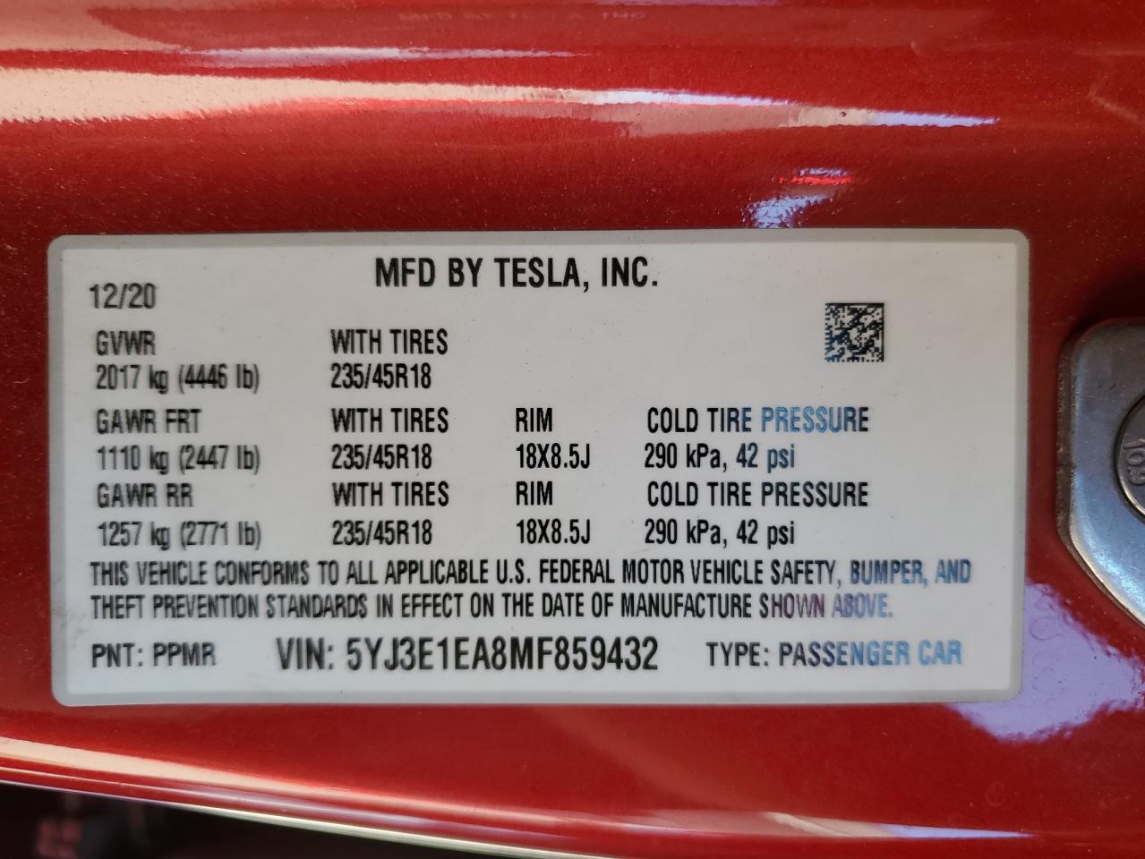 VIN 5YJ3E1EA8MF859432 2021 TESLA MODEL 3 no.12