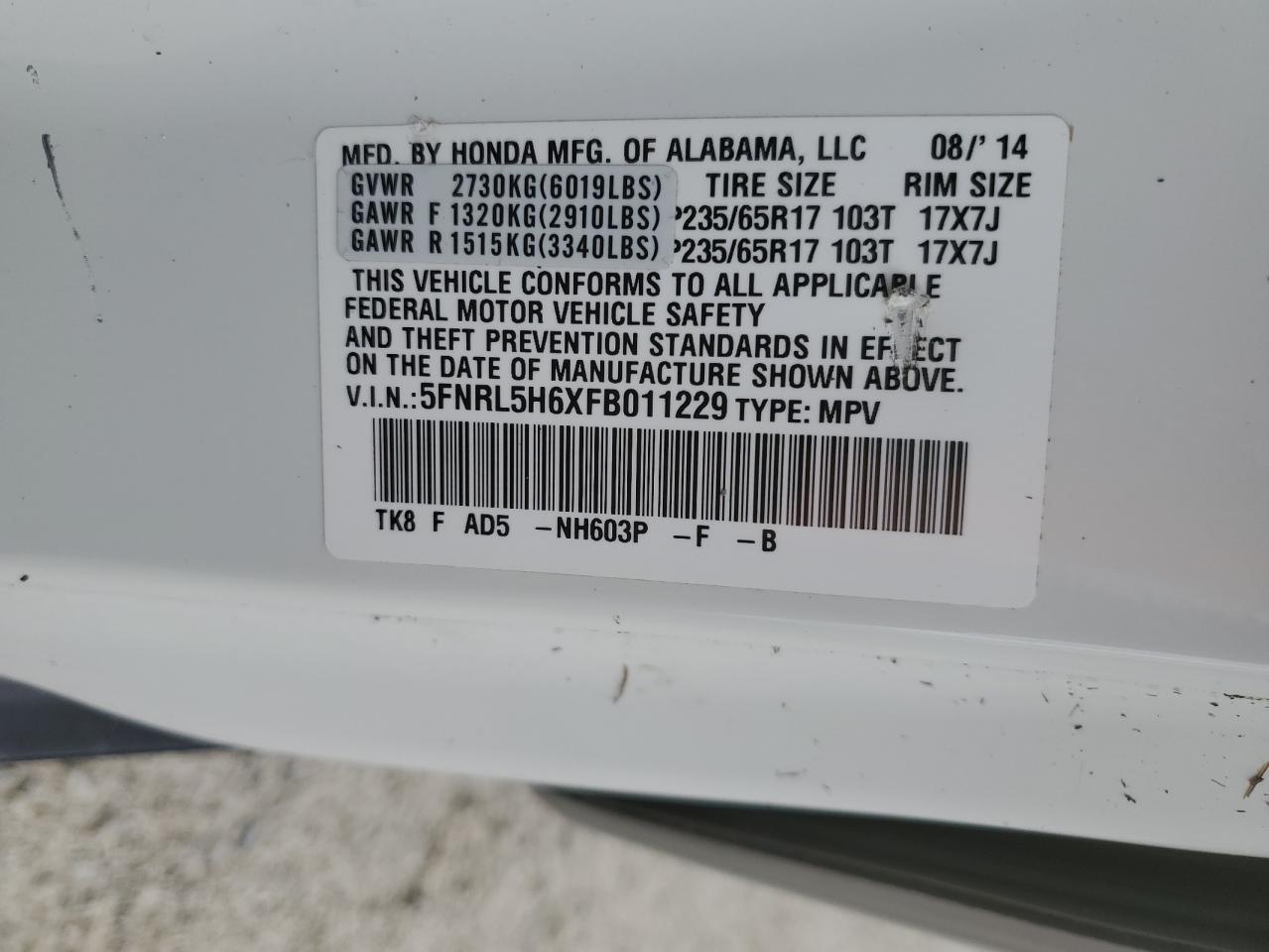 5FNRL5H6XFB011229 2015 HONDA ODYSSEY - Image 14