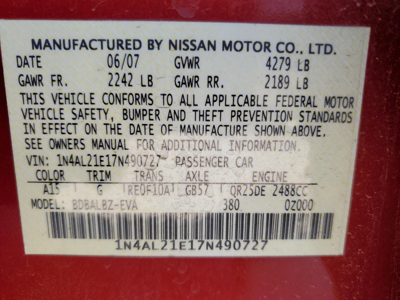 2007 Nissan Altima 2.5 VIN: 1N4AL21E17N490727 Lot: 69692424