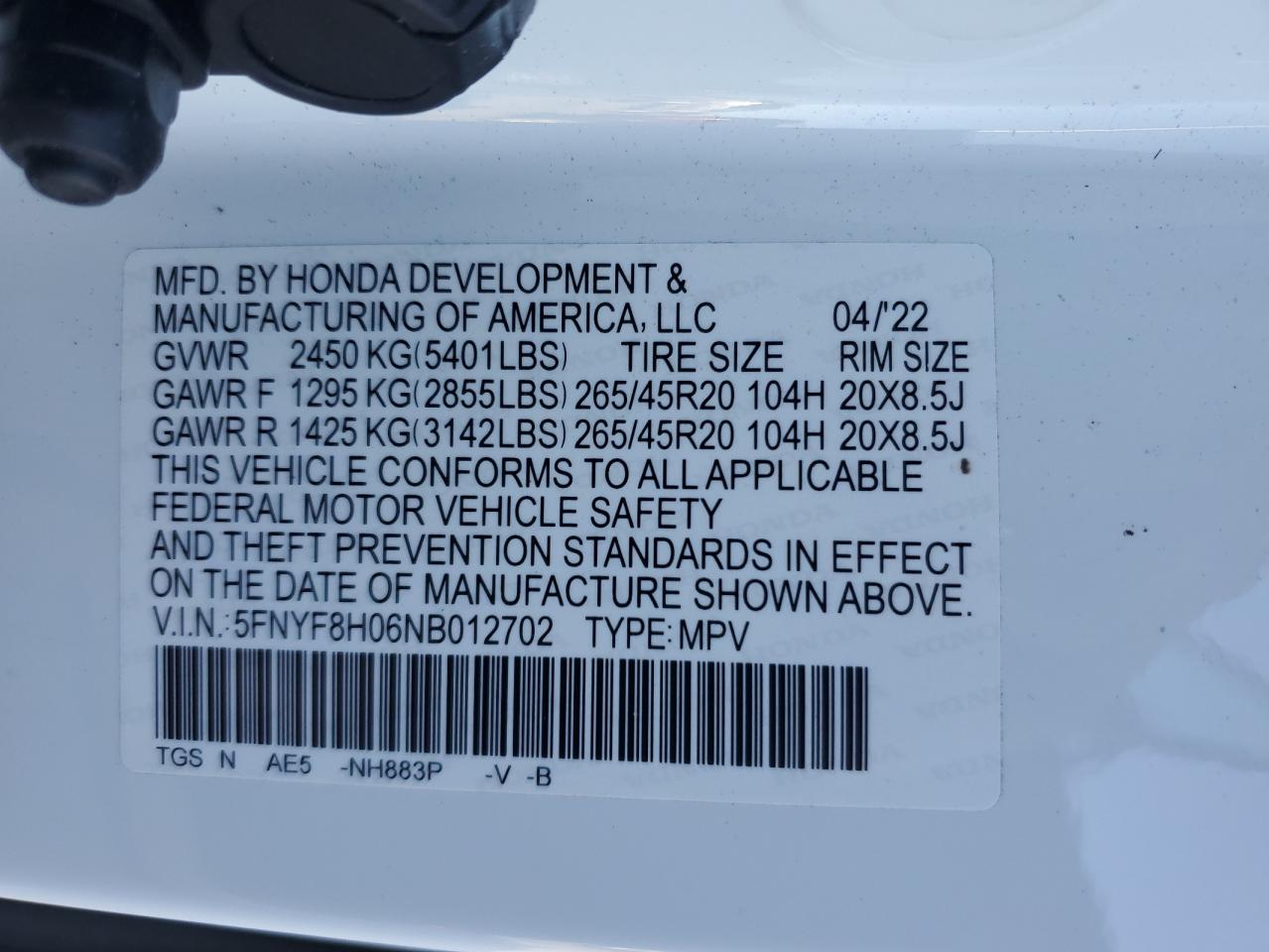 5FNYF8H06NB012702 2022 Honda Passport Elite