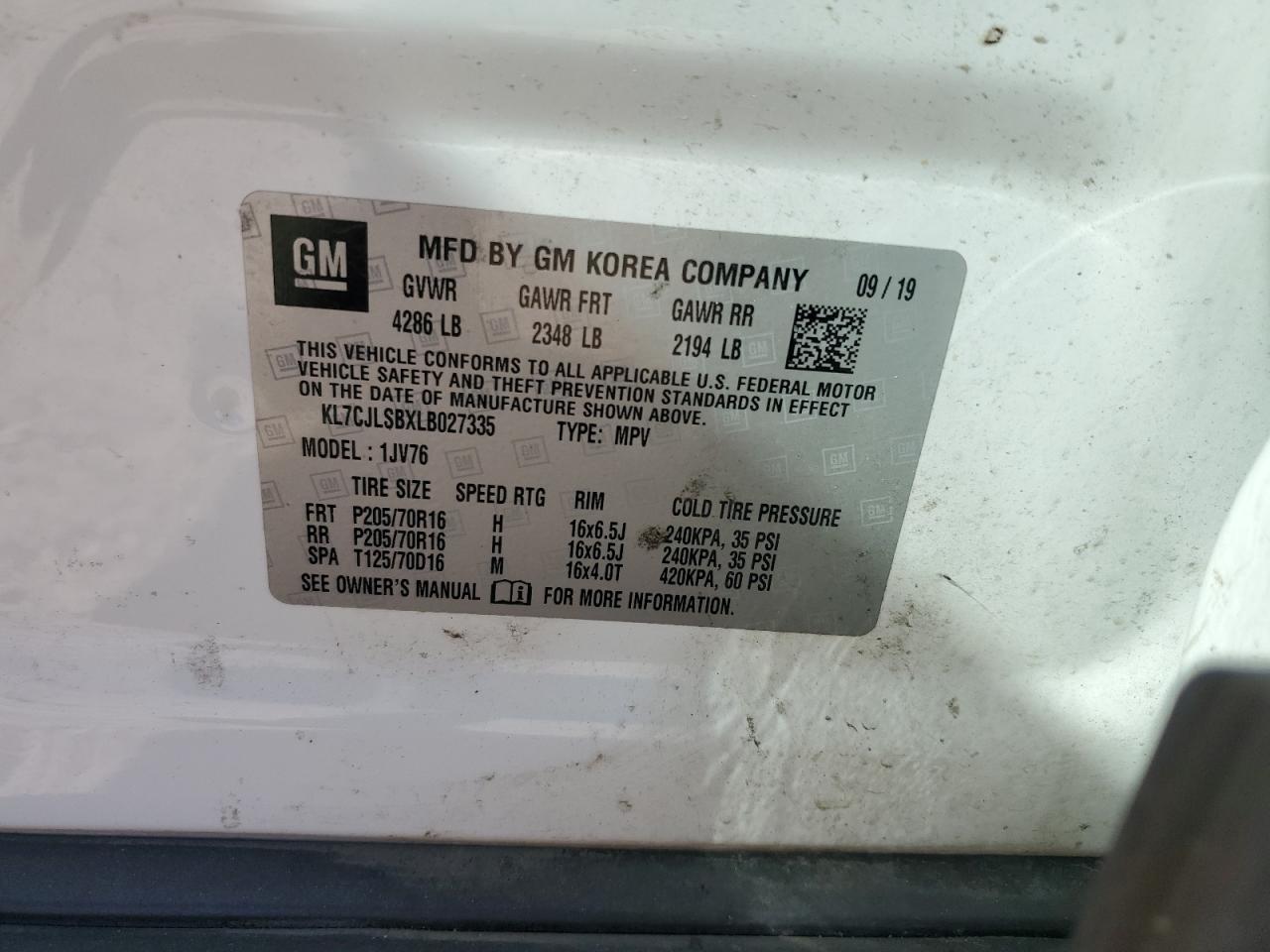 2020 Chevrolet Trax 1Lt VIN: KL7CJLSBXLB027335 Lot: 75495094