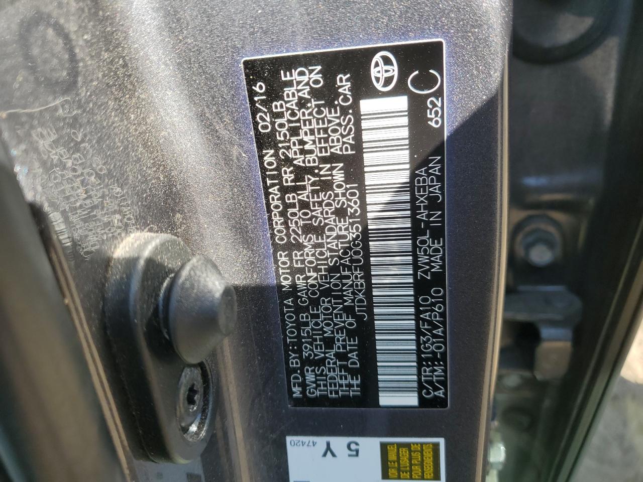 JTDKBRFU0G3513601 2016 Toyota Prius