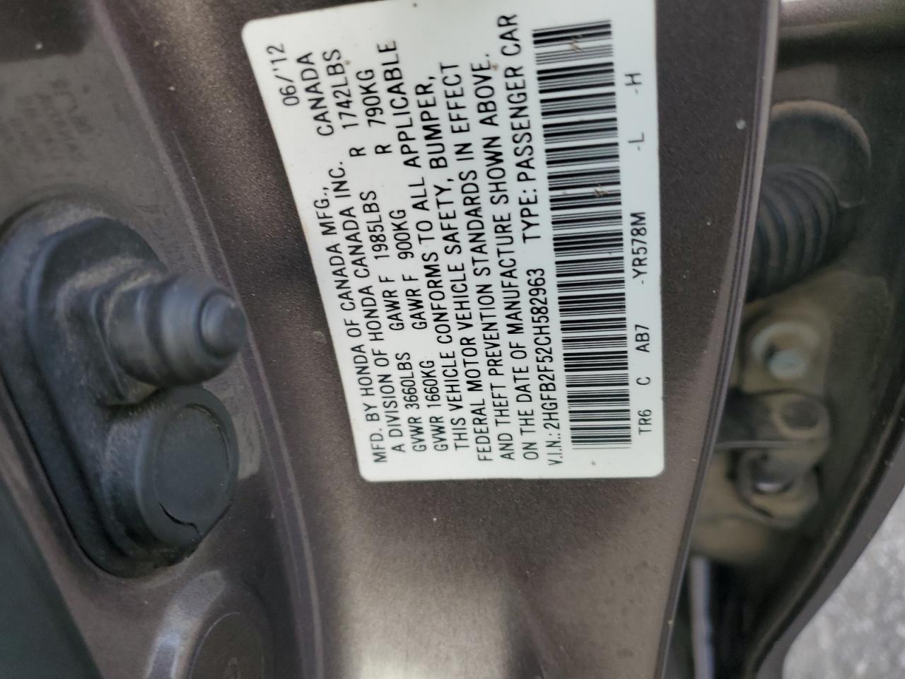 2HGFB2F52CH582963 2012 Honda Civic Lx