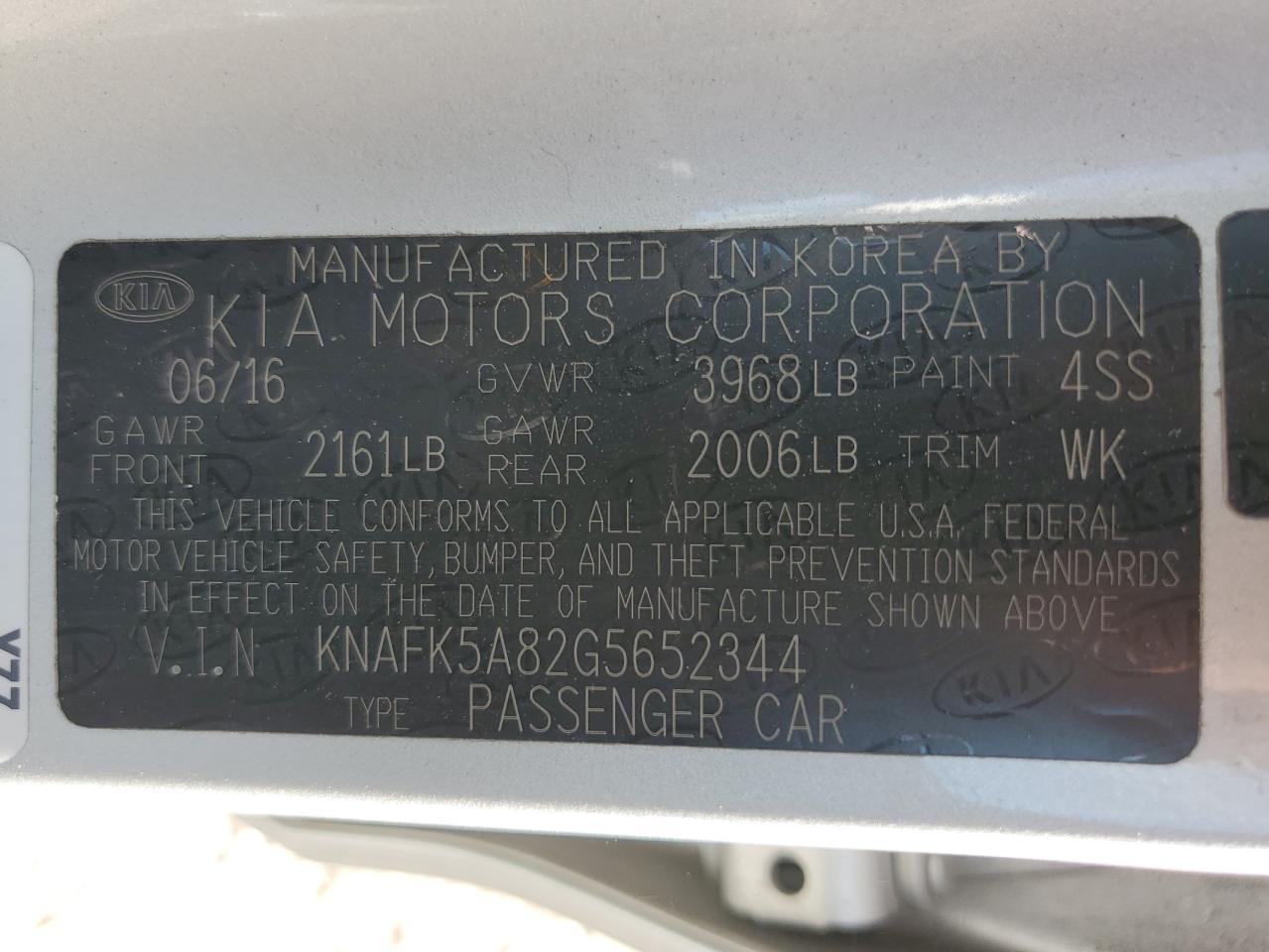 KNAFK5A82G5652344 2016 Kia Forte Lx