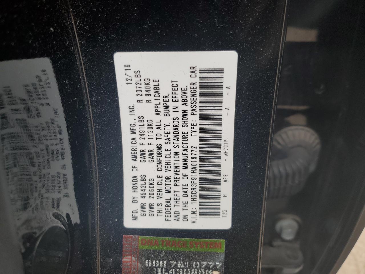 1HGCR3F91HA019772 2017 Honda Accord Touring