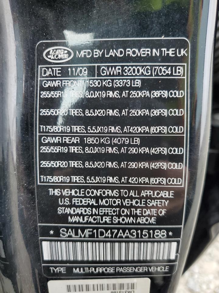 2010 Land Rover Range Rover Hse Luxury VIN: SALMF1D47AA315188 Lot: 75883114
