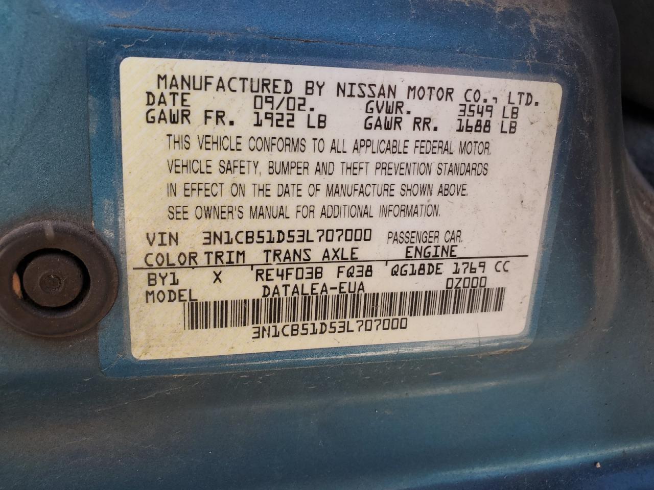 3N1CB51D53L707000 2003 Nissan Sentra Xe