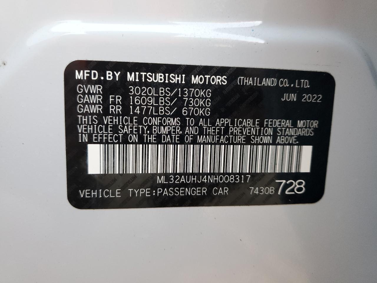 2022 Mitsubishi Mirage Es VIN: ML32AUHJ4NH008317 Lot: 76777764