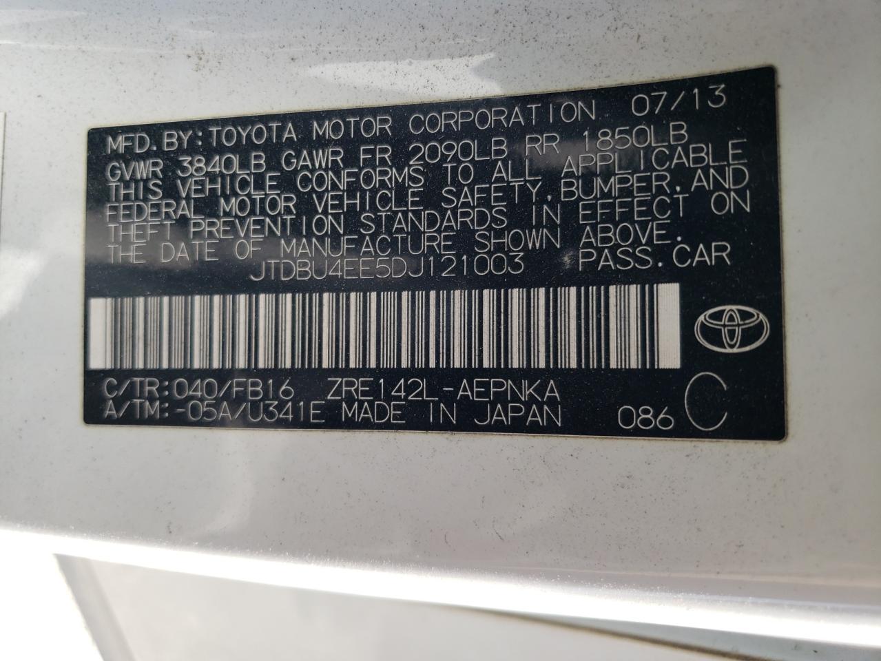 2013 Toyota Corolla Base VIN: JTDBU4EE5DJ121003 Lot: 77323434