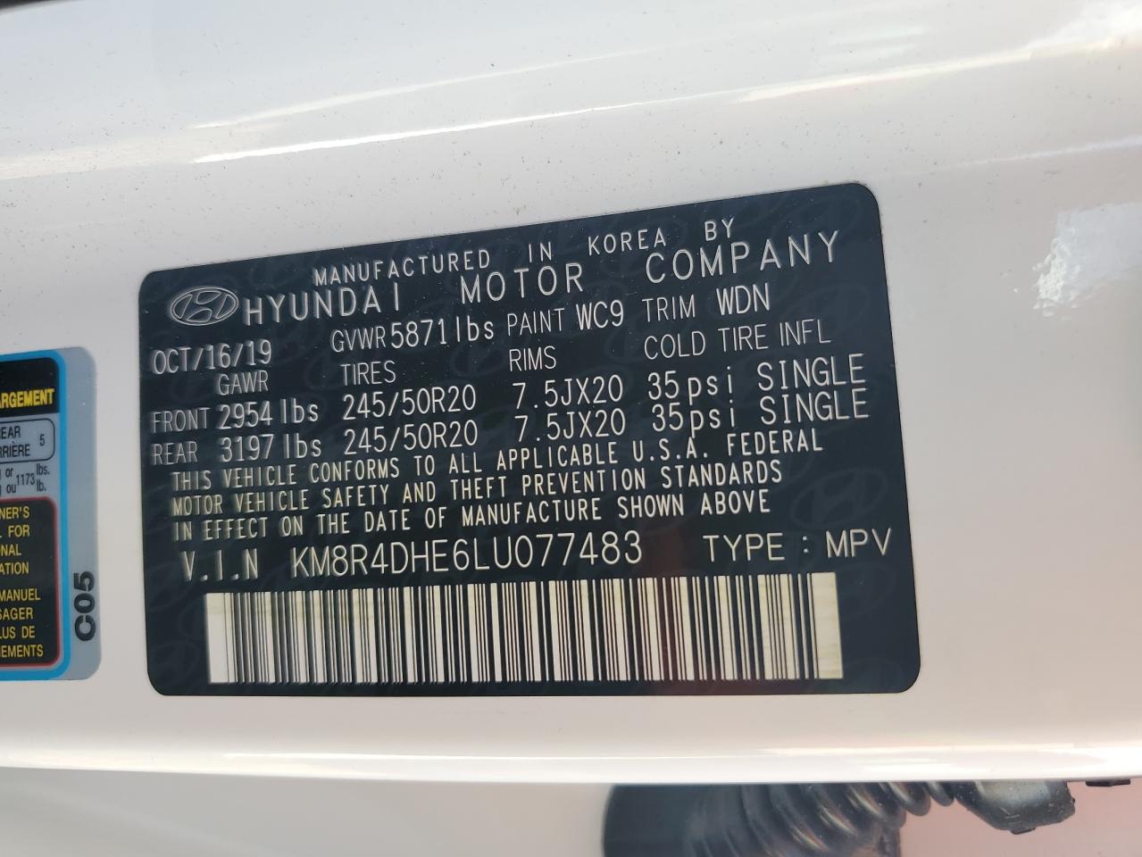 2020 Hyundai Palisade Sel VIN: KM8R4DHE6LU077483 Lot: 74193244