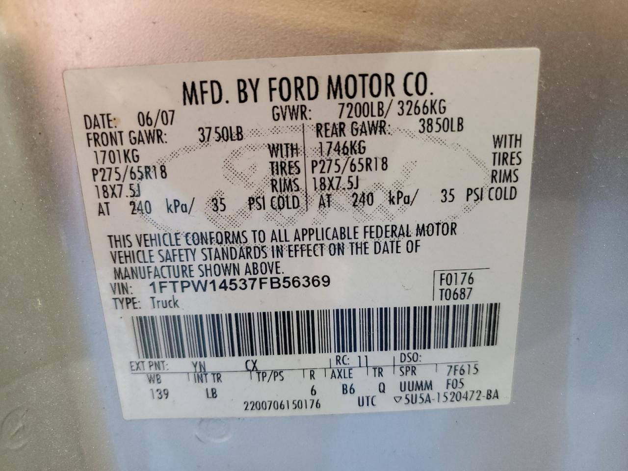 1FTPW14537FB56369 2007 Ford F150 Supercrew