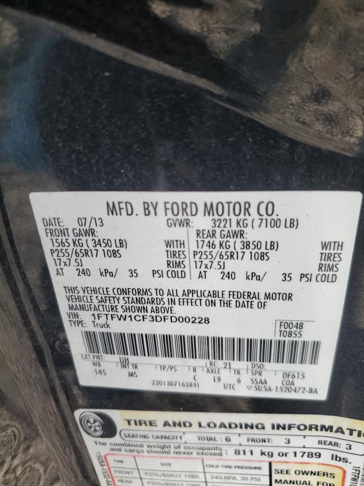 2013 Ford F150 Supercrew VIN: 1FTFW1CF3DFD00228 Lot: 76042694