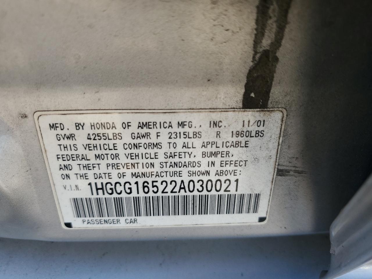 1HGCG16522A030021 2002 Honda Accord Ex