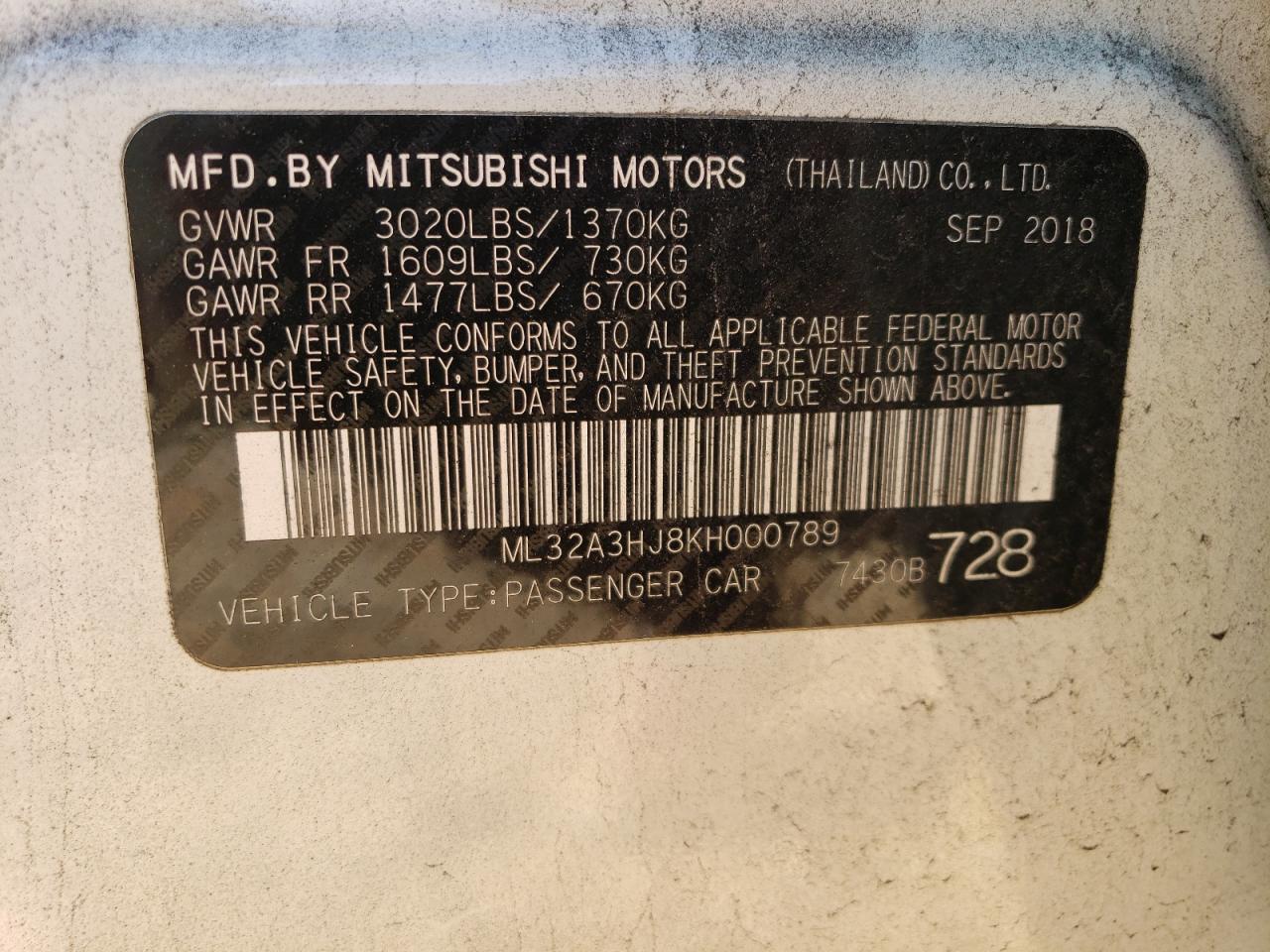 ML32A3HJ8KH000789 2019 Mitsubishi Mirage Es