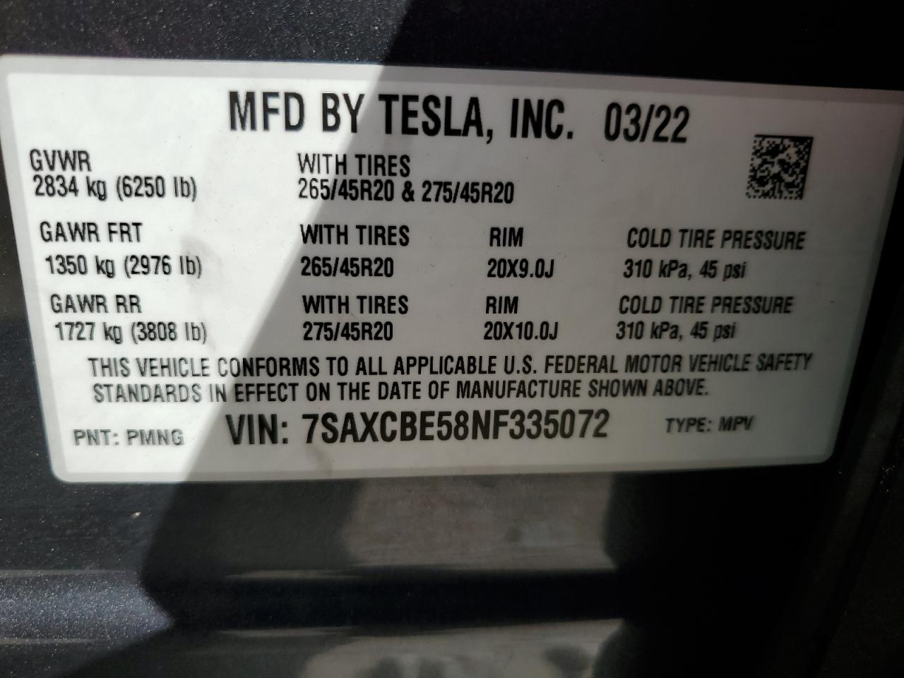 2022 Tesla Model X VIN: 7SAXCBE58NF335072 Lot: 77202054