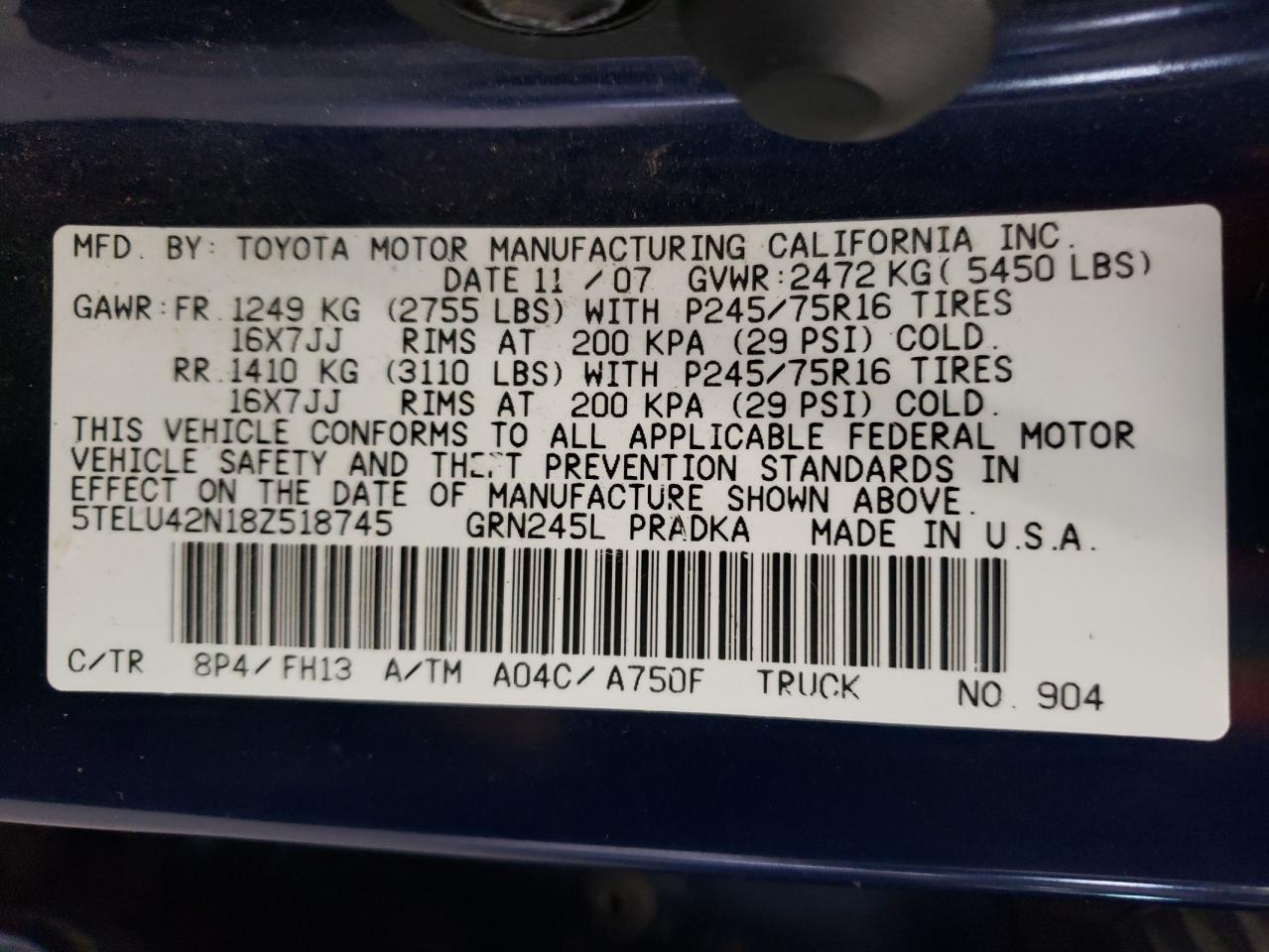 2008 Toyota Tacoma Double Cab VIN: 5TELU42N18Z518745 Lot: 74419074