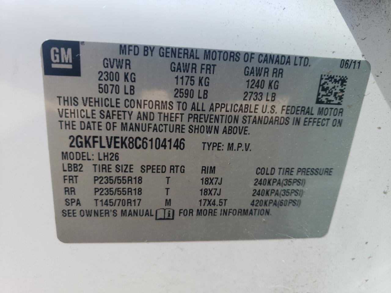 2012 GMC Terrain Slt VIN: 2GKFLVEK8C6104146 Lot: 75268004