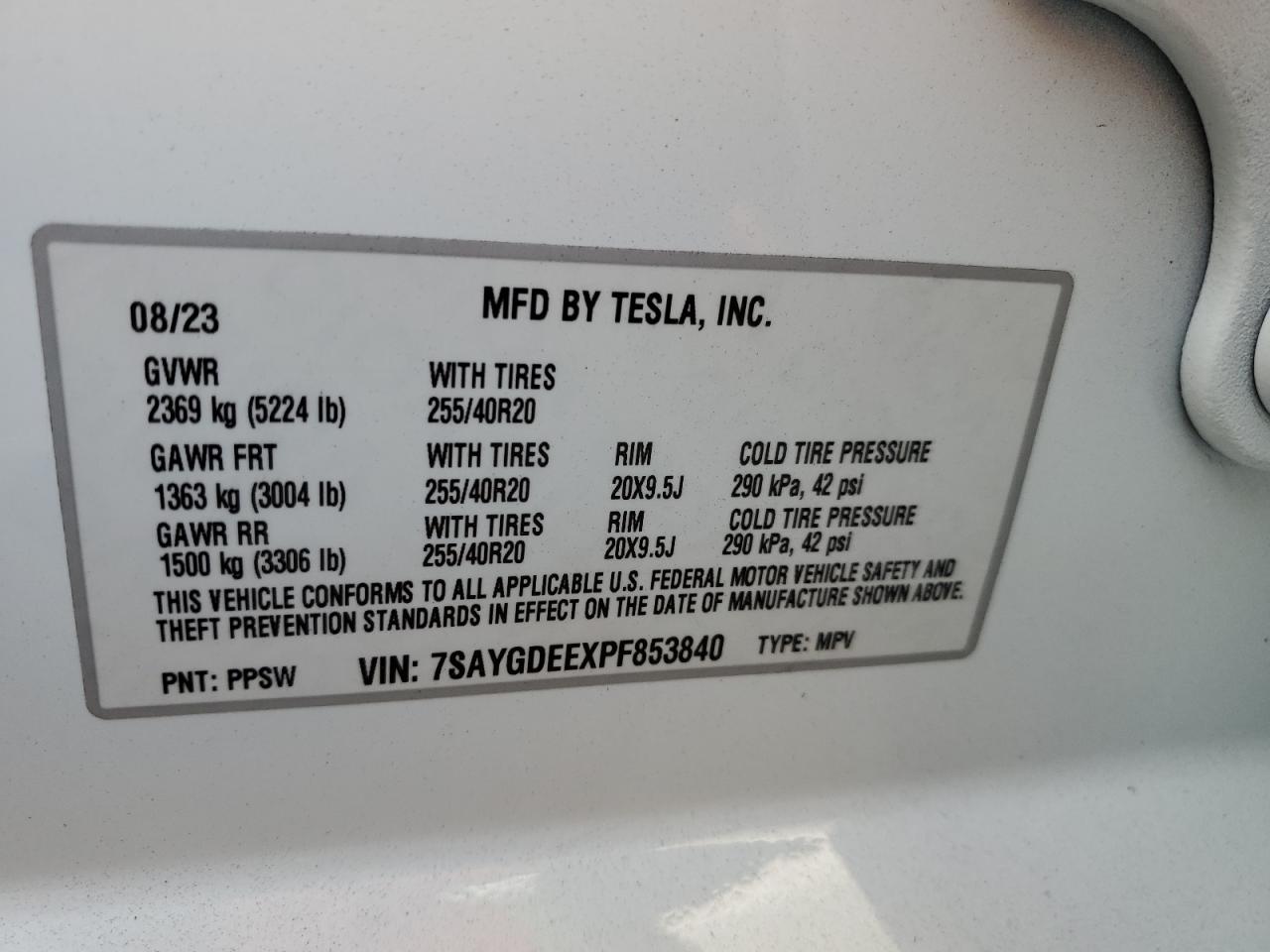 2020 Tesla Model Y VIN: 7SAYGDEEXPF853840 Lot: 75936744