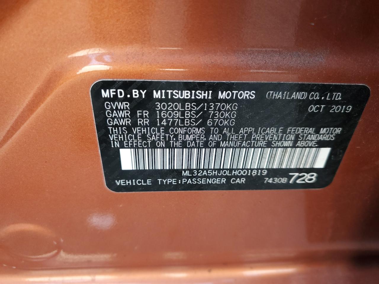 VIN ML32A5HJ0LH001819 2020 MITSUBISHI MIRAGE LE no.12