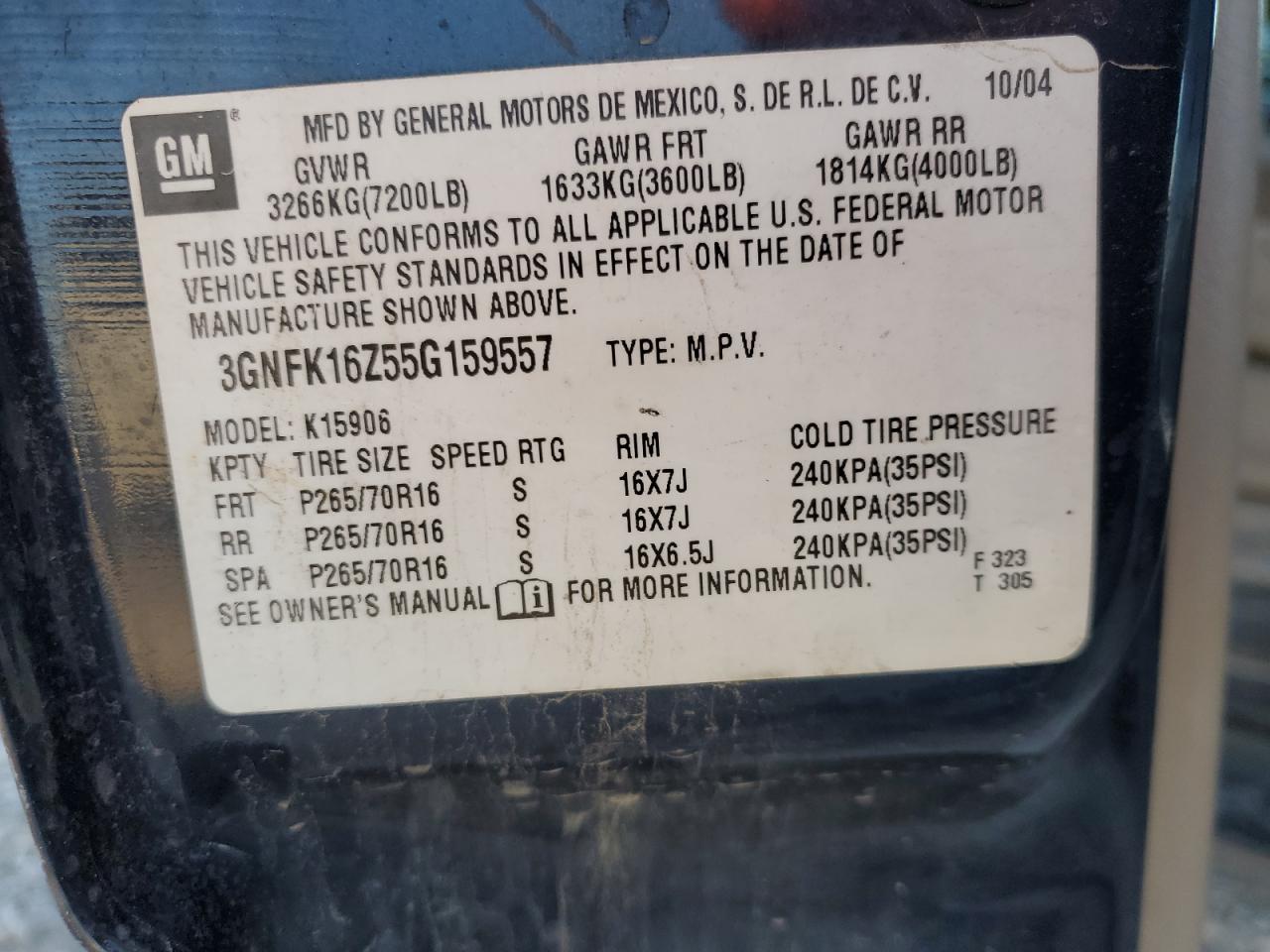 3GNFK16Z55G159557 2005 Chevrolet Suburban K1500