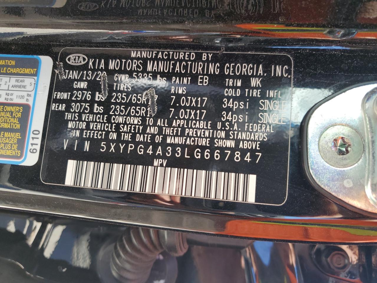 2020 Kia Sorento L VIN: 5XYPG4A33LG667847 Lot: 76910164