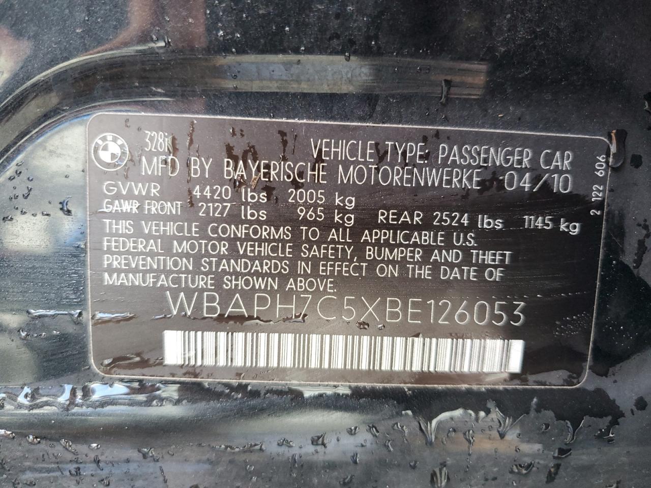 2011 BMW 328 I VIN: WBAPH7C5XBE126053 Lot: 82323095