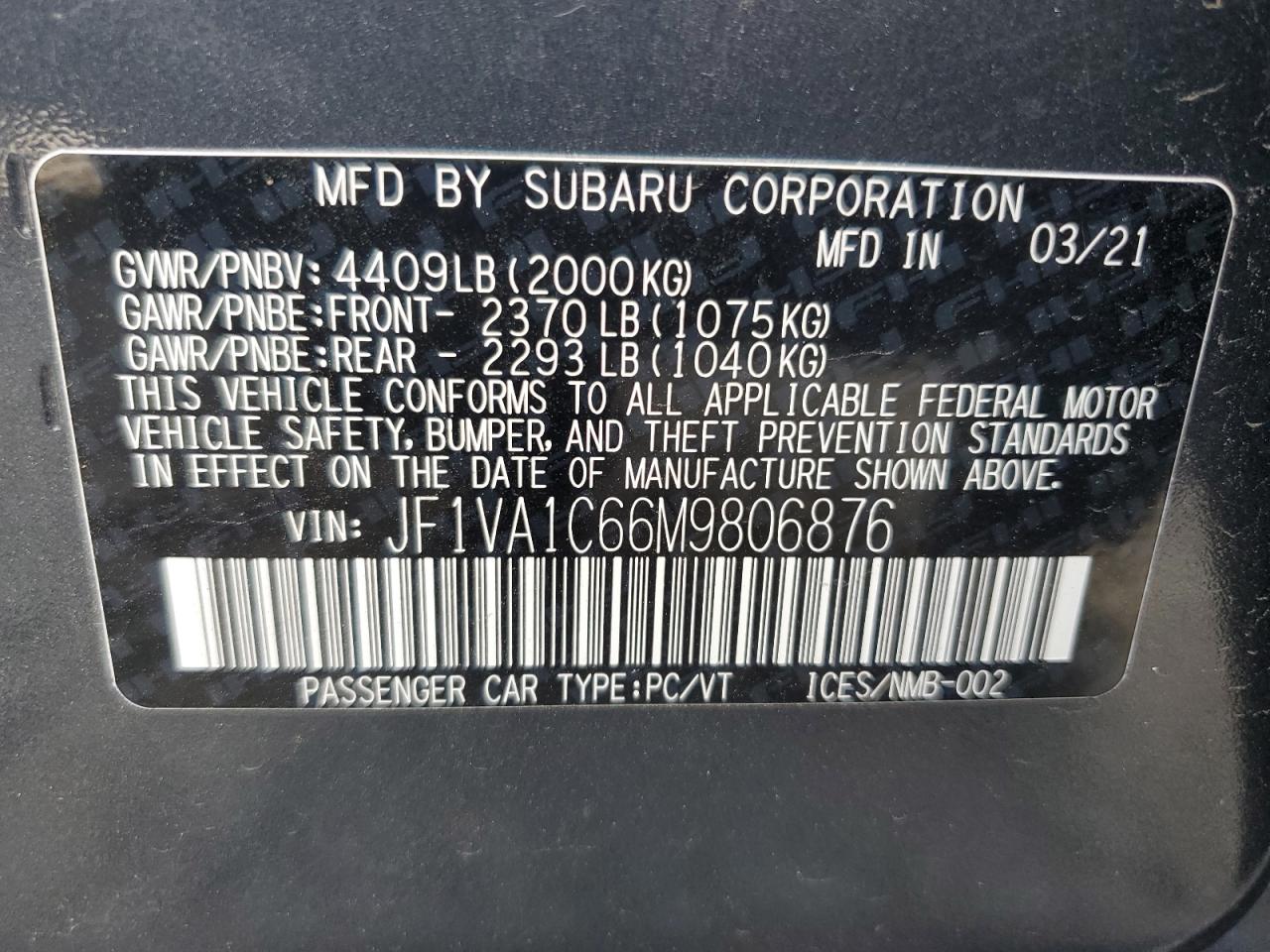 2021 Subaru Wrx Premium VIN: JF1VA1C66M9806876 Lot: 84754345