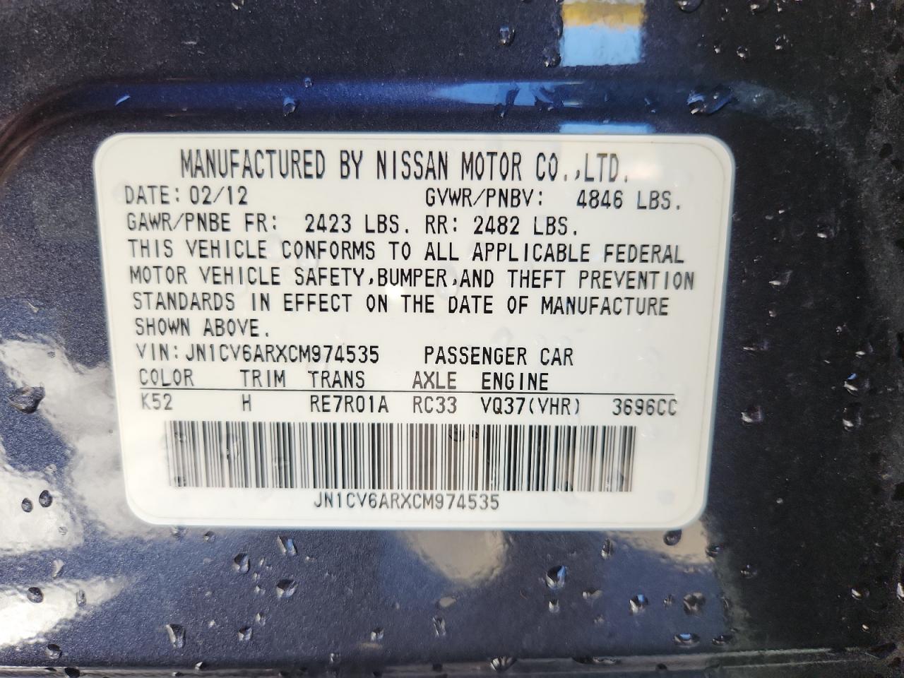 2012 Infiniti G37 VIN: JN1CV6ARXCM974535 Lot: 86717345