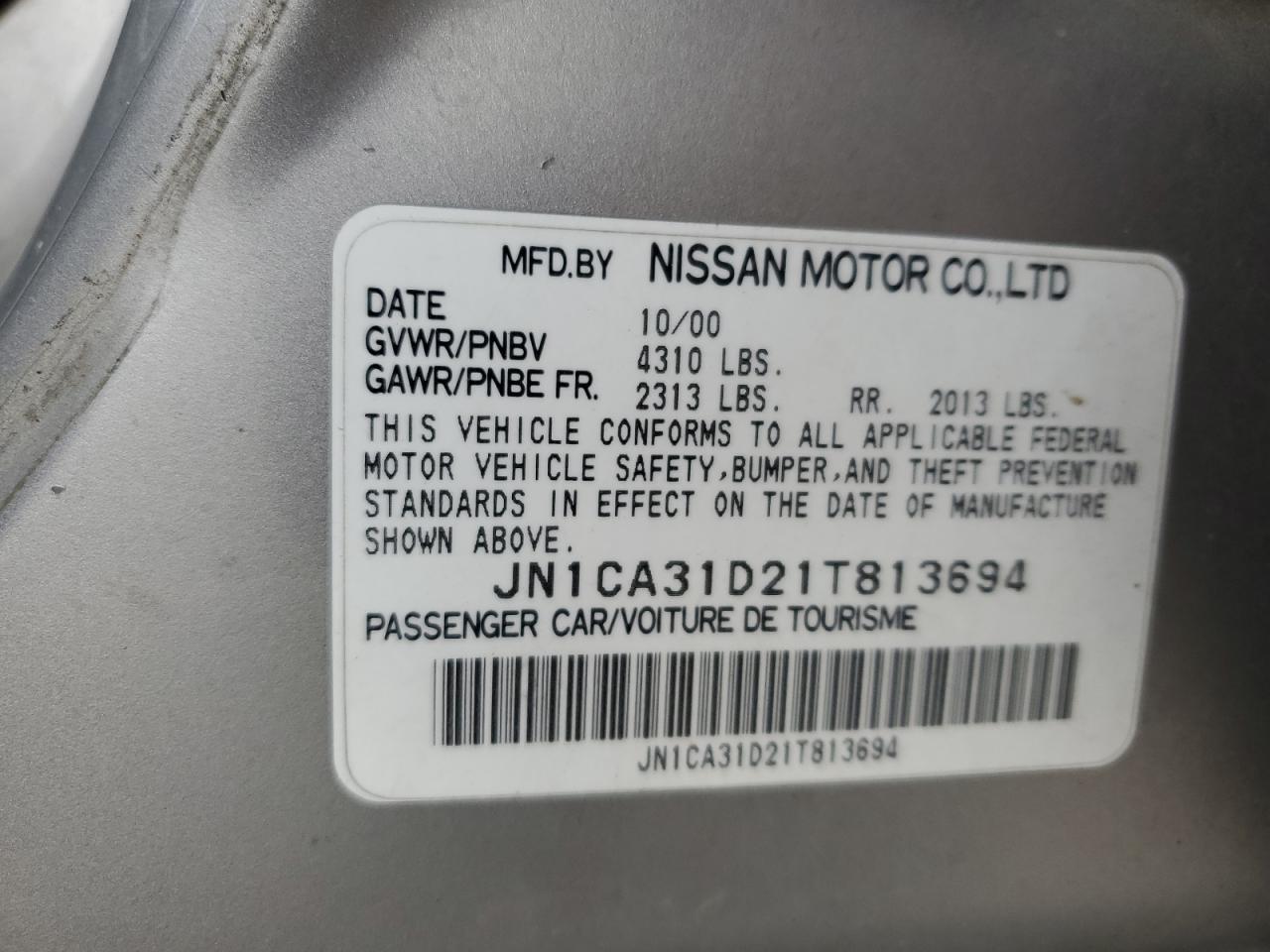 2001 Nissan Maxima Gxe VIN: JN1CA31D21T813694 Lot: 85406265