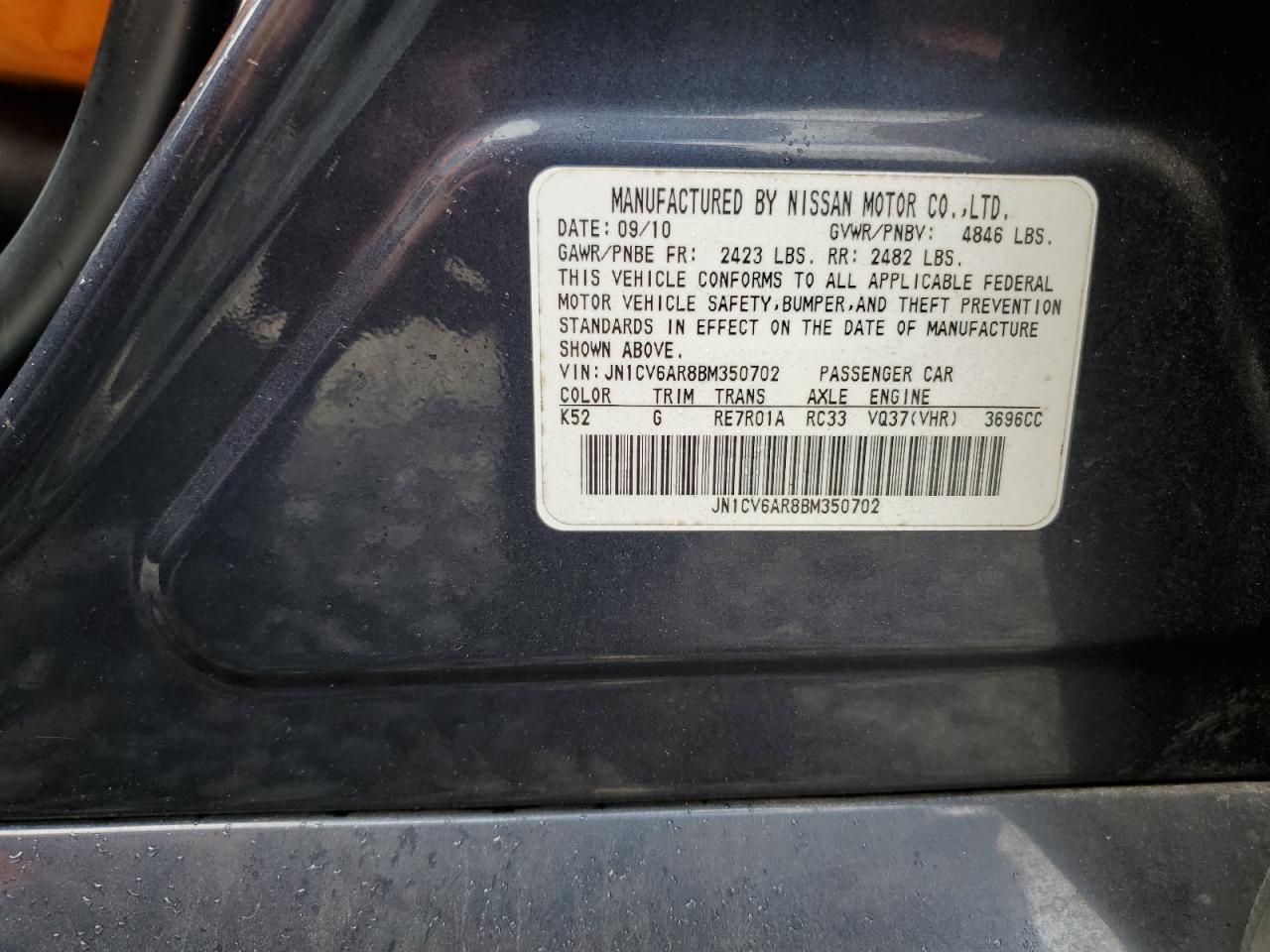 2011 Infiniti G37 VIN: JN1CV6AR8BM350702 Lot: 85665465