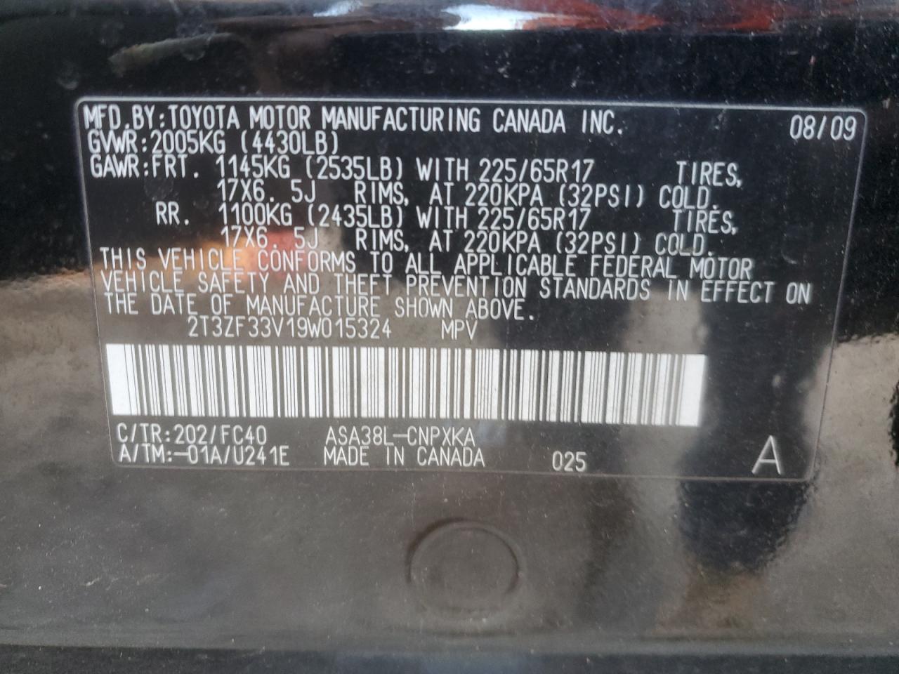 2009 Toyota Rav4 VIN: 2T3ZF33V19W015324 Lot: 89918675