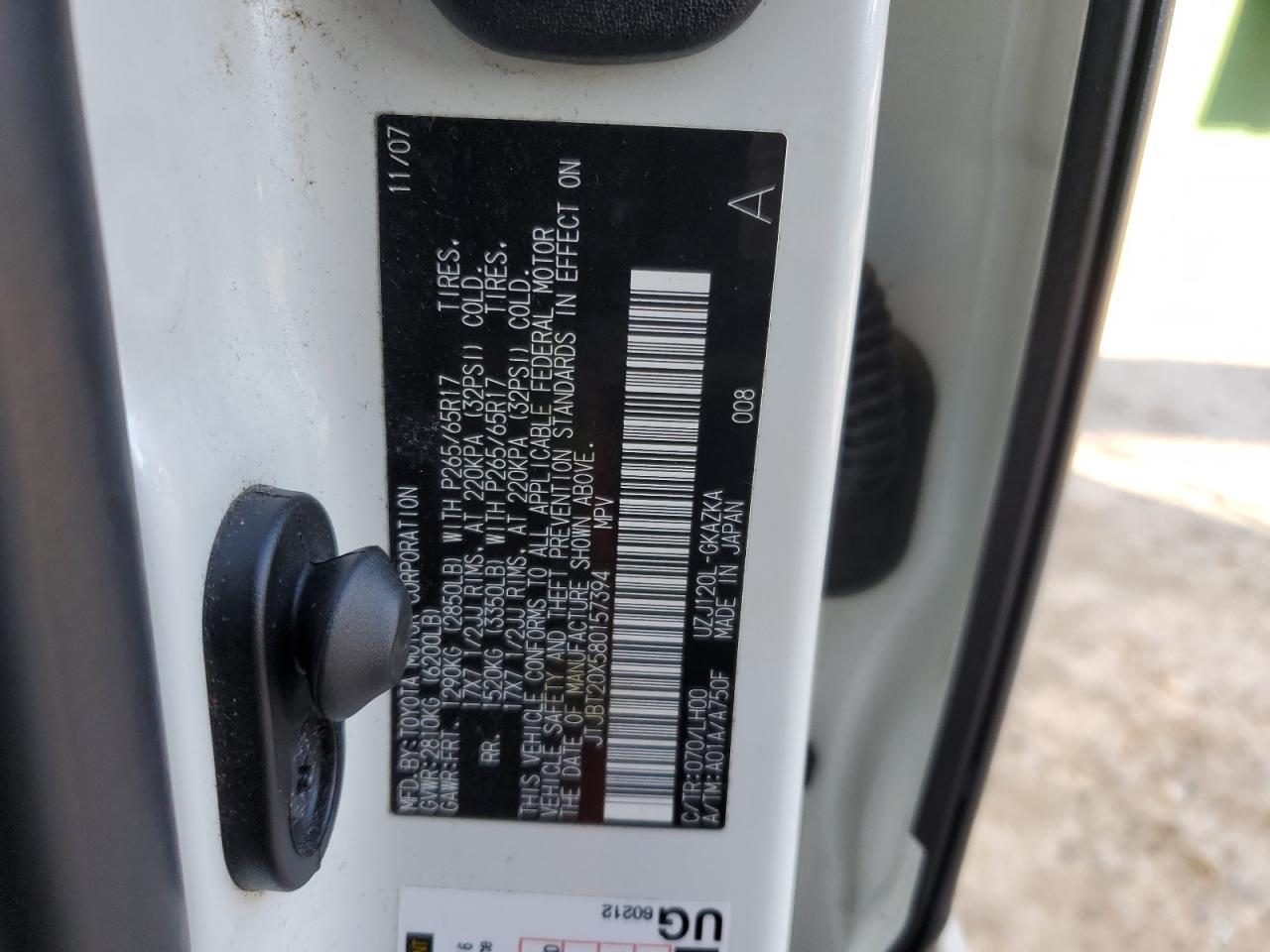 2008 Lexus Gx 470 VIN: JTJBT20X580157394 Lot: 85761355