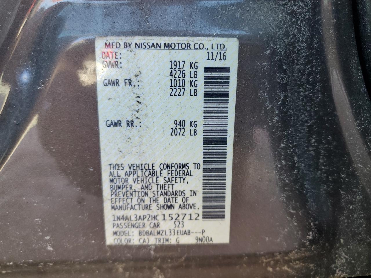 2017 Nissan Altima 2.5 VIN: 1N4AL3AP2HC152712 Lot: 86161715