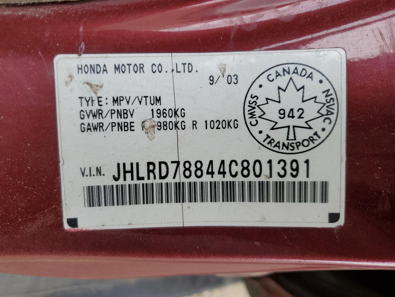 2004 Honda Cr-V Ex VIN: JHLRD78844C801391 Lot: 90130335