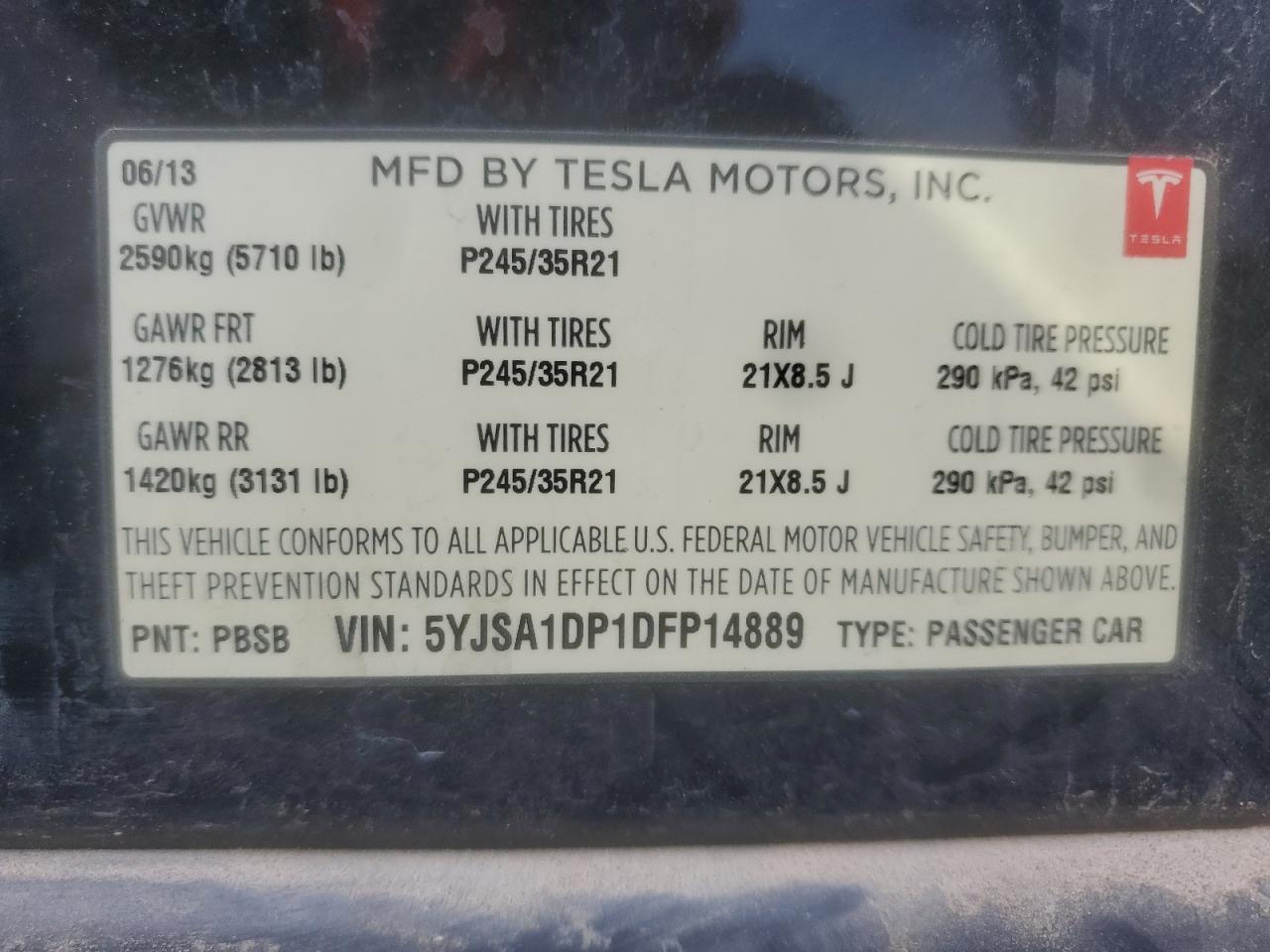 2013 Tesla Model S VIN: 5YJSA1DP1DFP14889 Lot: 81931365