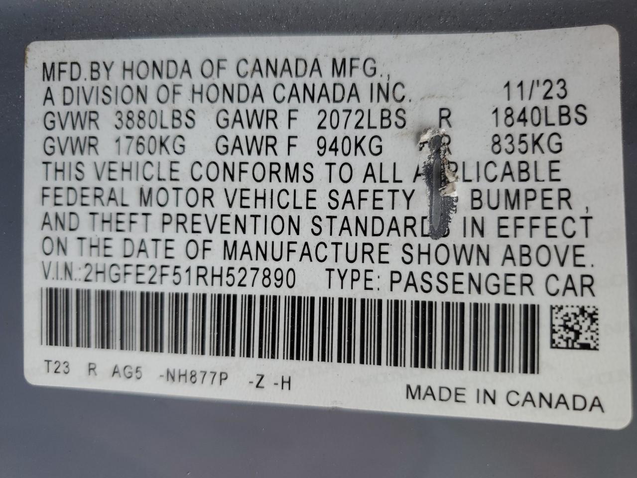 2024 Honda Civic Sport VIN: 2HGFE2F51RH527890 Lot: 81965925