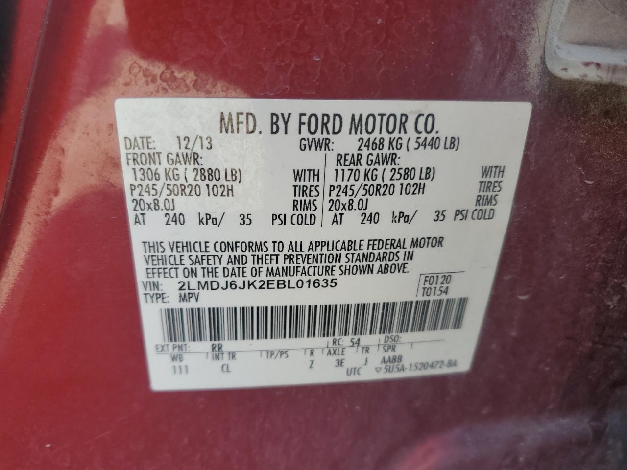 2014 Lincoln Mkx VIN: 2LMDJ6JK2EBL01635 Lot: 84820545