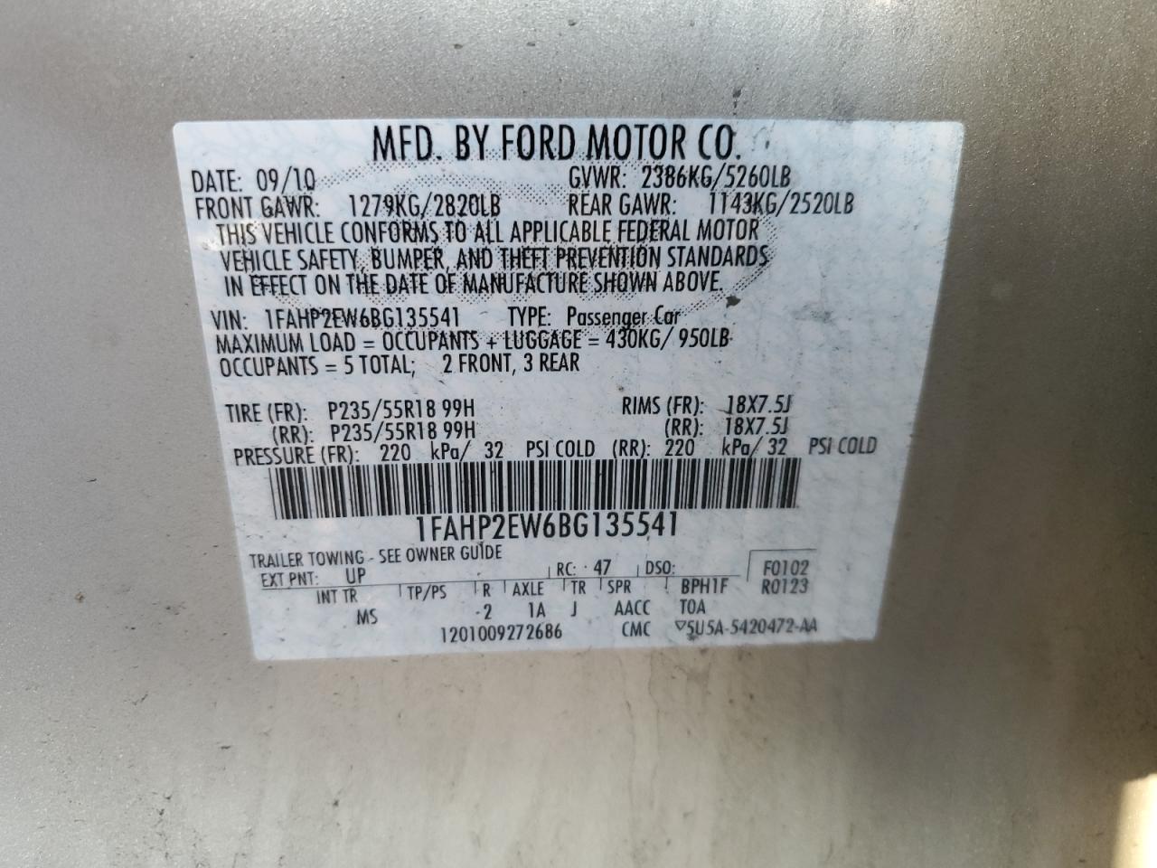 2011 Ford Taurus Sel VIN: 1FAHP2EW6BG135541 Lot: 82399995