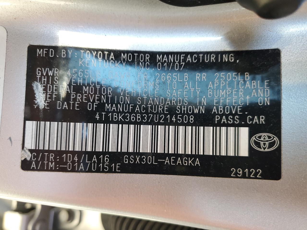 2007 Toyota Avalon Xl VIN: 4T1BK36B37U214508 Lot: 82005695