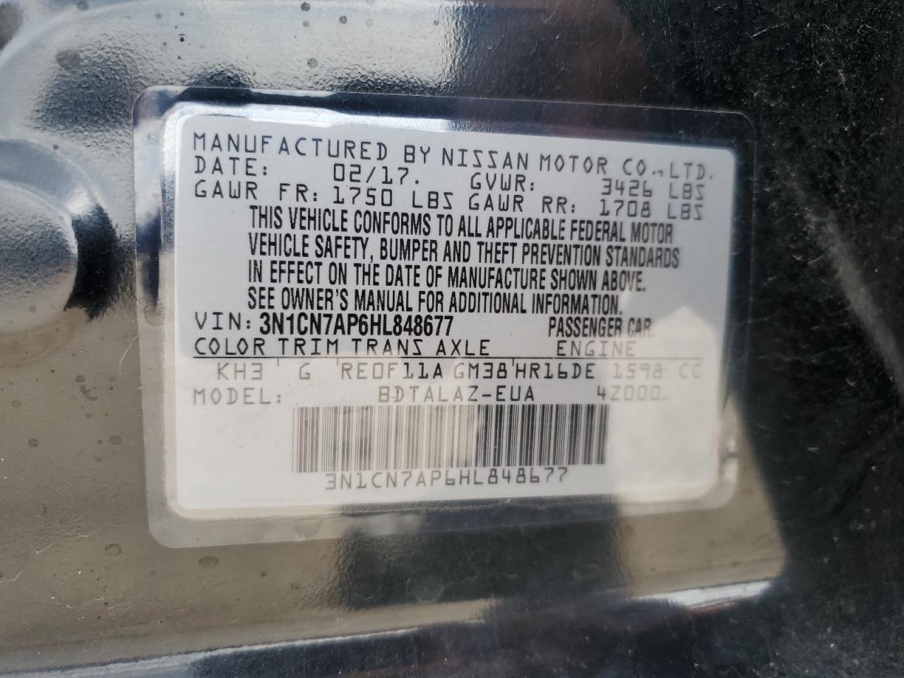 2017 Nissan Versa S VIN: 3N1CN7AP6HL848677 Lot: 85865225