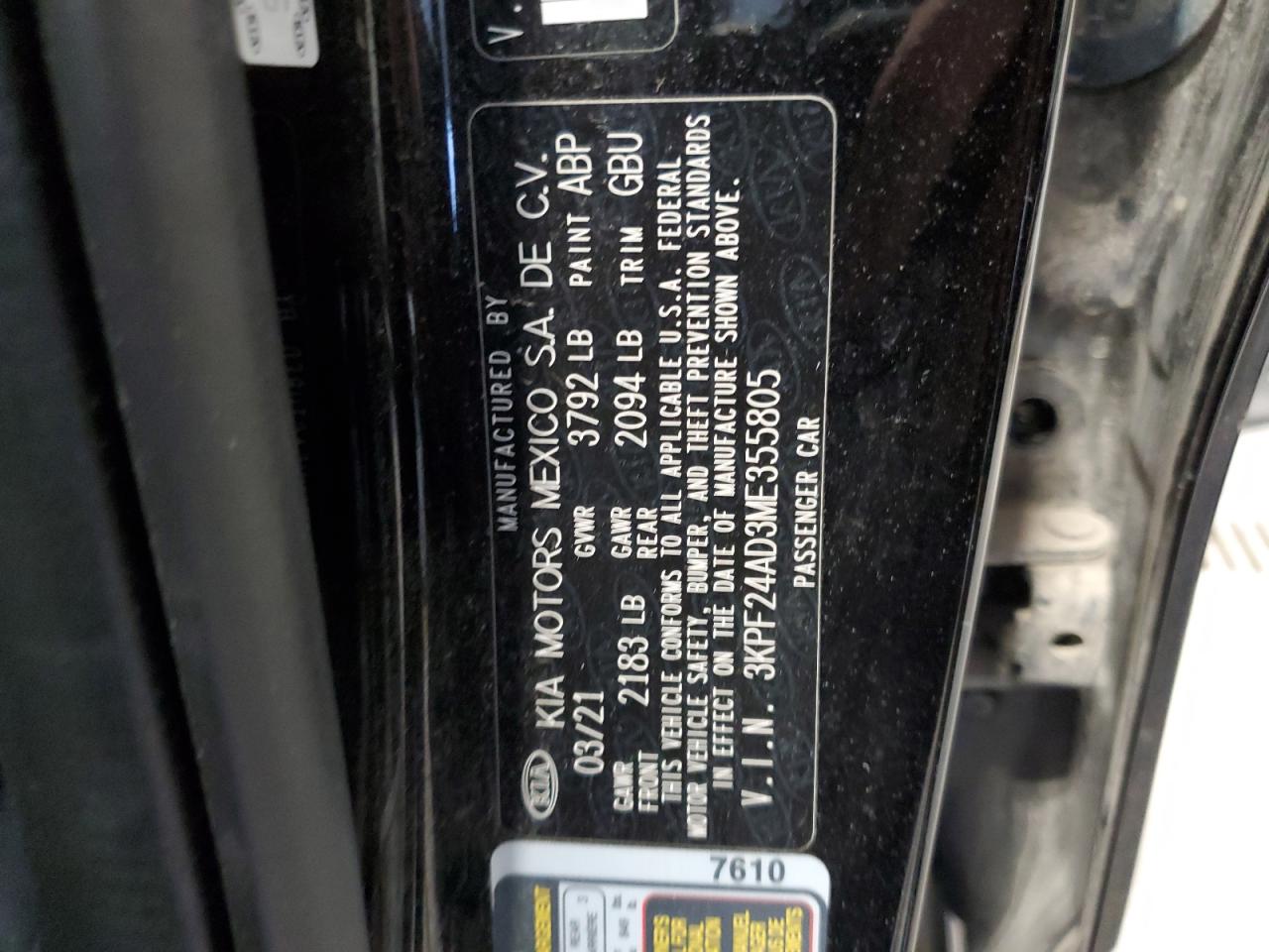 2021 Kia Forte Fe VIN: 3KPF24AD3ME355805 Lot: 86849865