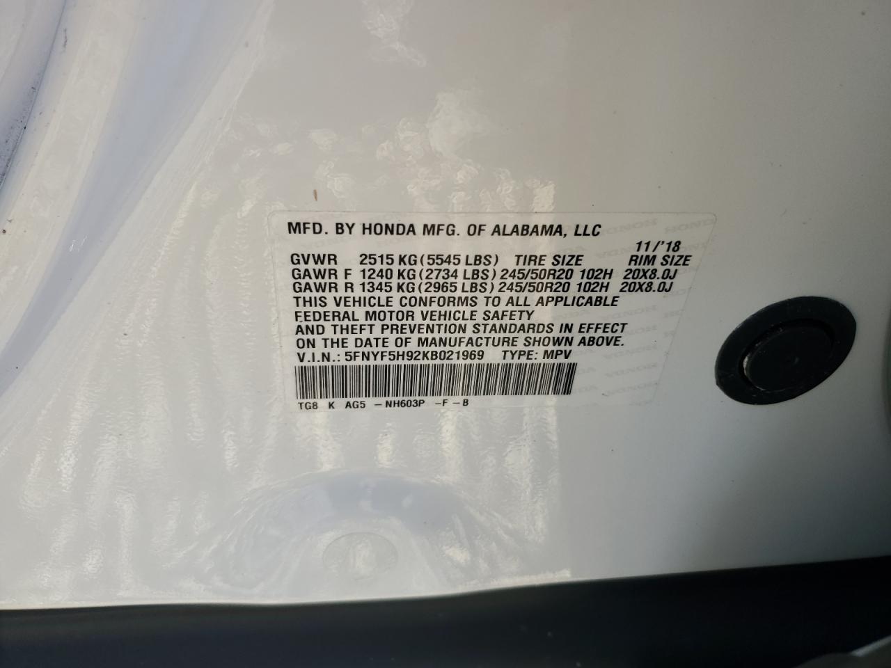 2019 Honda Pilot Touring VIN: 5FNYF5H92KB021969 Lot: 89697725