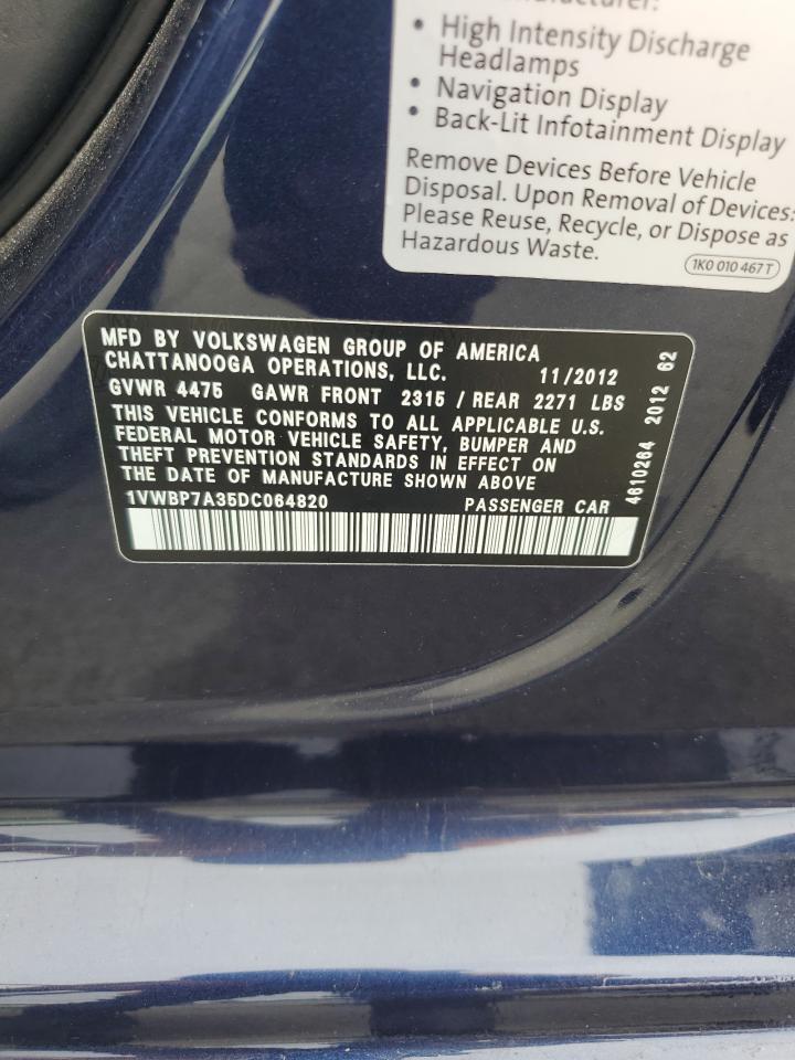 2013 Volkswagen Passat Se VIN: 1VWBP7A35DC064820 Lot: 82004665