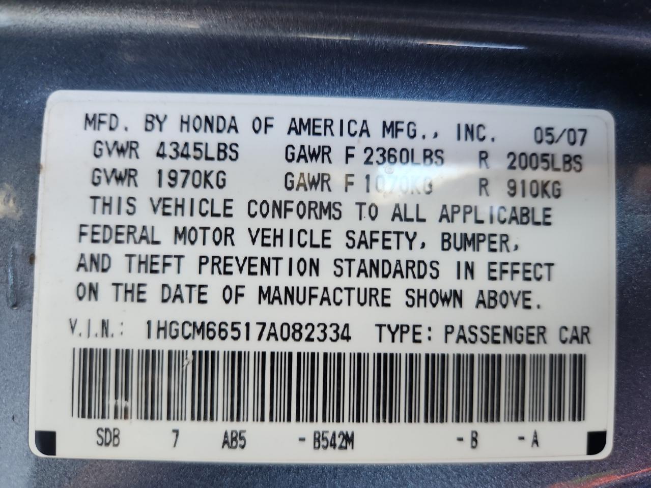 2007 Honda Accord Ex VIN: 1HGCM66517A082334 Lot: 85869765