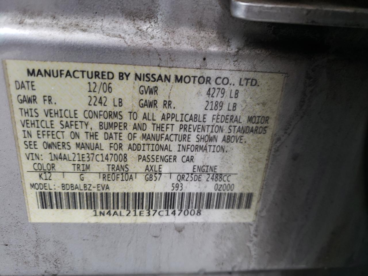 2007 Nissan Altima 2.5 VIN: 1N4AL21E37C147008 Lot: 85877305