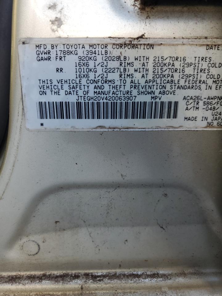 2002 Toyota Rav4 VIN: JTEGH20V420063907 Lot: 87069445